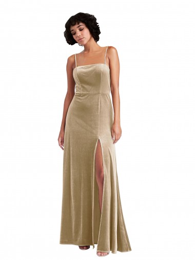 Stretch Velvet A-Line Long Sleeveless Low Back Front Slit Prom Dresses Barrie