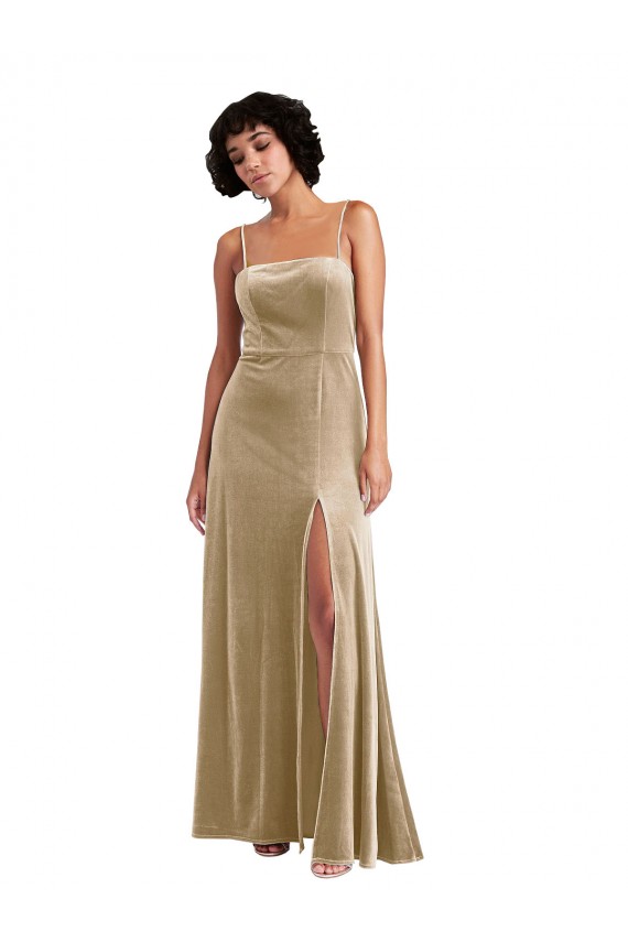 Stretch Velvet A-Line Long Sleeveless Low Back Front Slit Prom Dresses Barrie