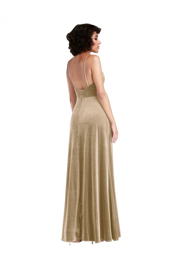 Stretch Velvet A-Line Long Sleeveless Low Back Front Slit Prom Dresses Barrie