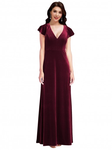 Stretch Velvet A-Line Long Flutter Sleeves Semi Formal Evening Dress / Prom Dress / Bridesmaid Dress Barrie