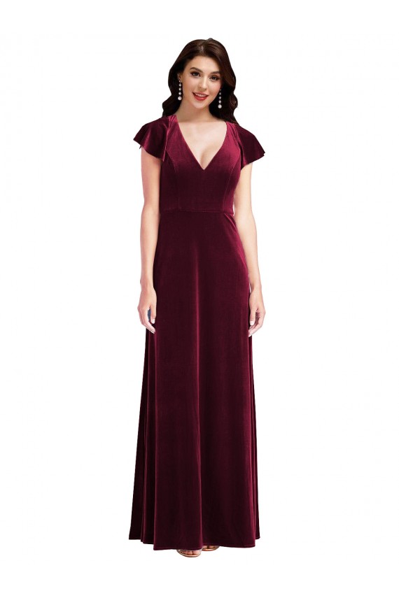 Stretch Velvet A-Line Long Flutter Sleeves Semi Formal Evening Dress / Prom Dress / Bridesmaid Dress Barrie
