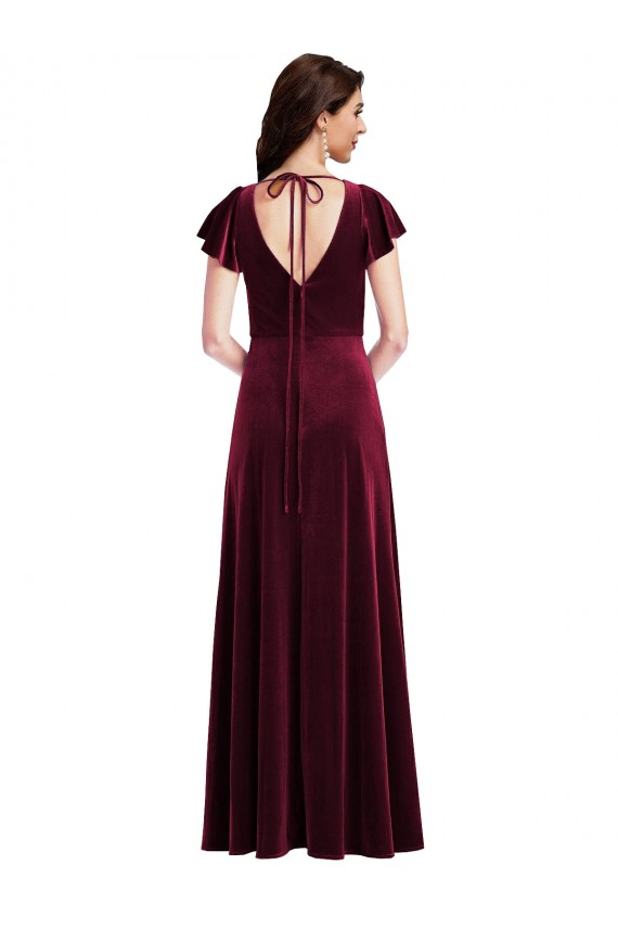 Stretch Velvet A-Line Long Flutter Sleeves Semi Formal Evening Dress / Prom Dress / Bridesmaid Dress Barrie