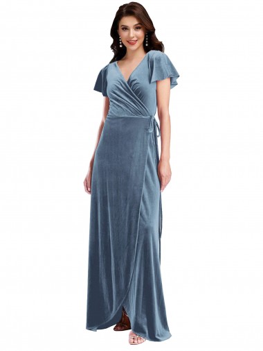Stretch Velvet A-Line Long Flutter Sleeves Black Tie Evening Gown / Prom Dress / Bridesmaid Dress Barrie