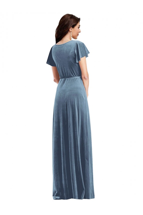 Stretch Velvet A-Line Long Flutter Sleeves Black Tie Evening Gown / Prom Dress / Bridesmaid Dress Barrie