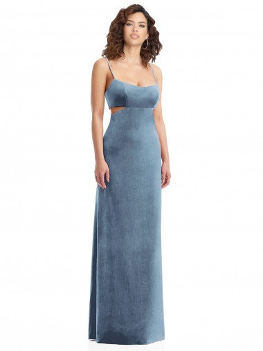 Stretch Velvet Sheath Long Sleeveless Low Back Dusty Blue Prom Dresses Barrie