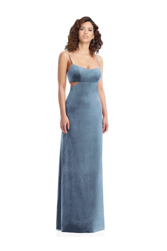 Stretch Velvet Sheath Long Sleeveless Low Back Dusty Blue Prom Dresses Barrie