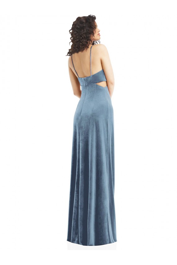 Stretch Velvet Sheath Long Sleeveless Low Back Dusty Blue Prom Dresses Barrie
