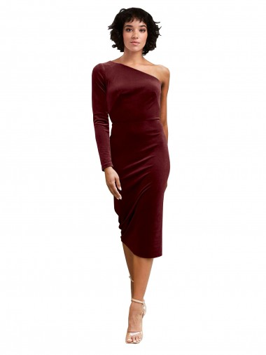Stretch Velvet A-Line Midi Length Long Sleeves Burgundy Prom Dresses Barrie