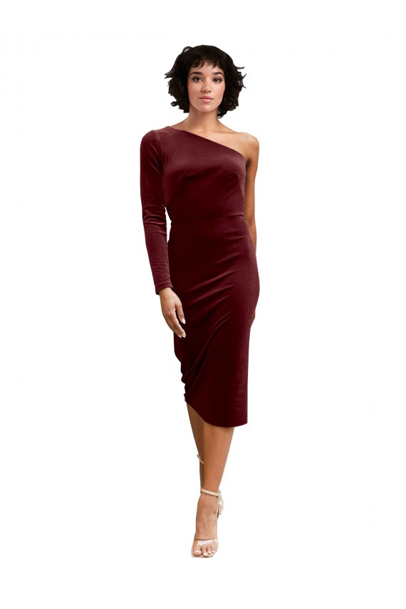 Stretch Velvet A-Line Midi Length Long Sleeves Burgundy Prom Dresses Barrie