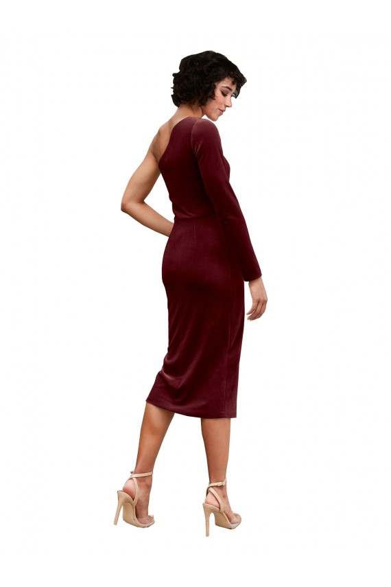 Stretch Velvet A-Line Midi Length Long Sleeves Burgundy Prom Dresses Barrie