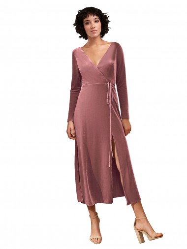 Stretch Velvet A-Line Midi Length Long Sleeves Black Tie Prom Dress / Bridesmaid Dress Barrie