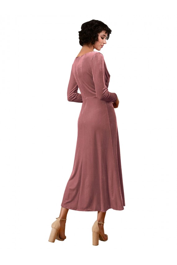 Stretch Velvet A-Line Midi Length Long Sleeves Black Tie Prom Dress / Bridesmaid Dress Barrie