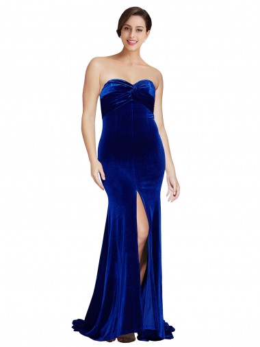 Stretch Velvet Mermaid Sweep Train Sleeveless Low Back Front Slit Prom Dresses Barrie