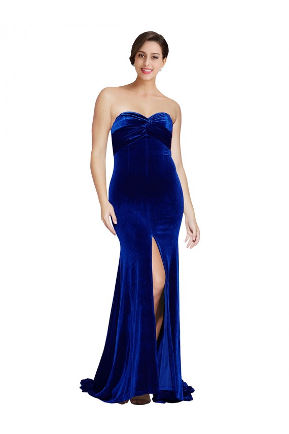 Stretch Velvet Mermaid Sweep Train Sleeveless Low Back Front Slit Prom Dresses Barrie